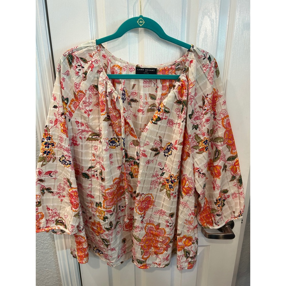 Lane Bryant Blouse Cream Floral Split Neck Boho Peasant Top 18/20